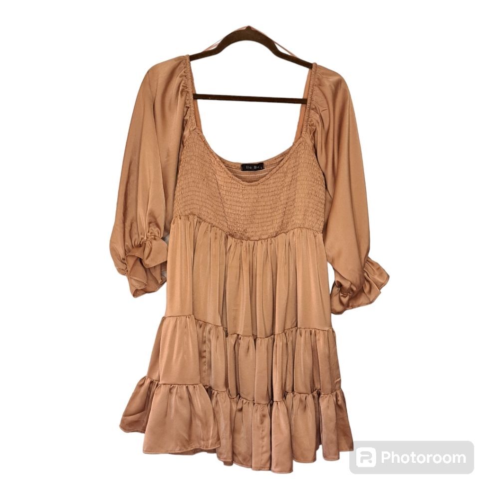 Ella Blue Dusty Mauve Pink Ruffle Tier Dress Solid Flared Mini Feminine Size L